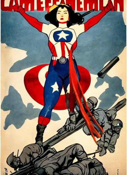 Prompt: beautiful female asian captain america standing on a pile of defeated, beaten and broken german soldiers. feminist captain america wins wwii. american wwii propaganda poster by james gurney. gorgeous face. overwatch