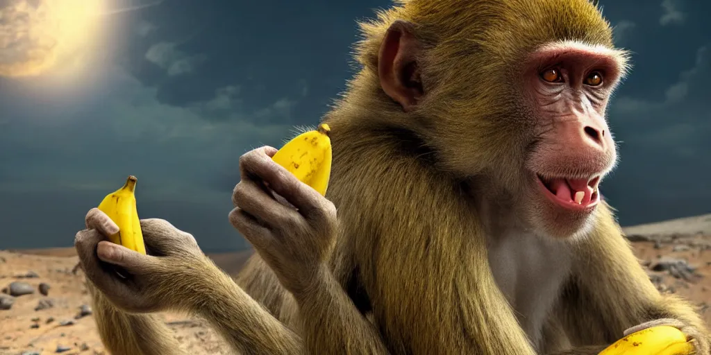 Prompt: a monkey on planet mars eating banana, artstation top, high definition, deviant art, extremely beautiful