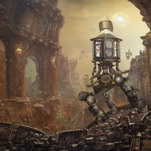 Prompt: The Manekin, a robotic race of clockwork constructs, D&D artwork, highly detailed, background of a ruined city in the style of medieval, HD, 4k,