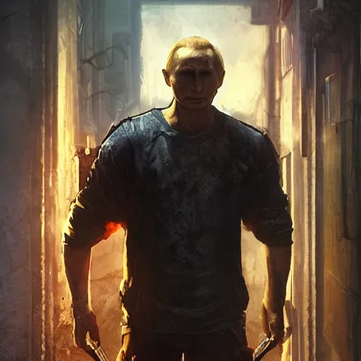 Prompt: Vladimir Putin as Aiden Caldwell character from Dying Light 2 Stay Human, portrait, highly detailed, digital painting, artstation, concept art, smooth, sharp focus, illustration, cinematic lighting, art by artgerm and greg rutkowski and alphonse mucha