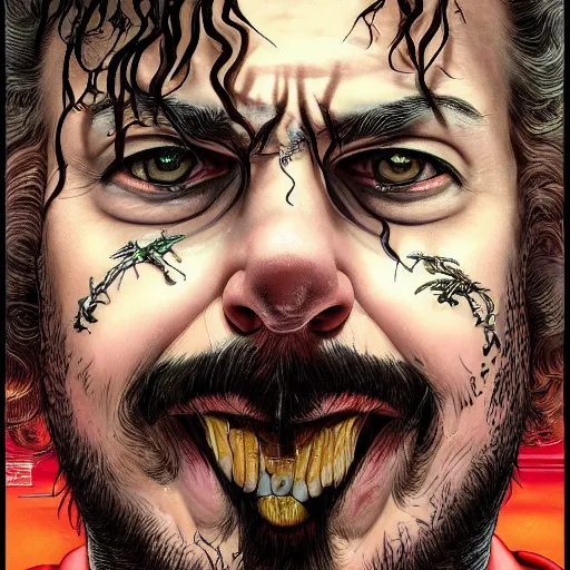 Image similar to portrait closeup of crazy post malone, symmetrical, by yoichi hatakenaka, masamune shirow, josan gonzales and dan mumford, ayami kojima, takato yamamoto, barclay shaw, karol bak, yukito kishiro