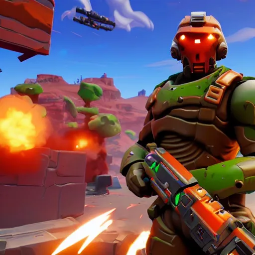 Image similar to doomguy in the fortnite, doom x fortnite collab, screenshot