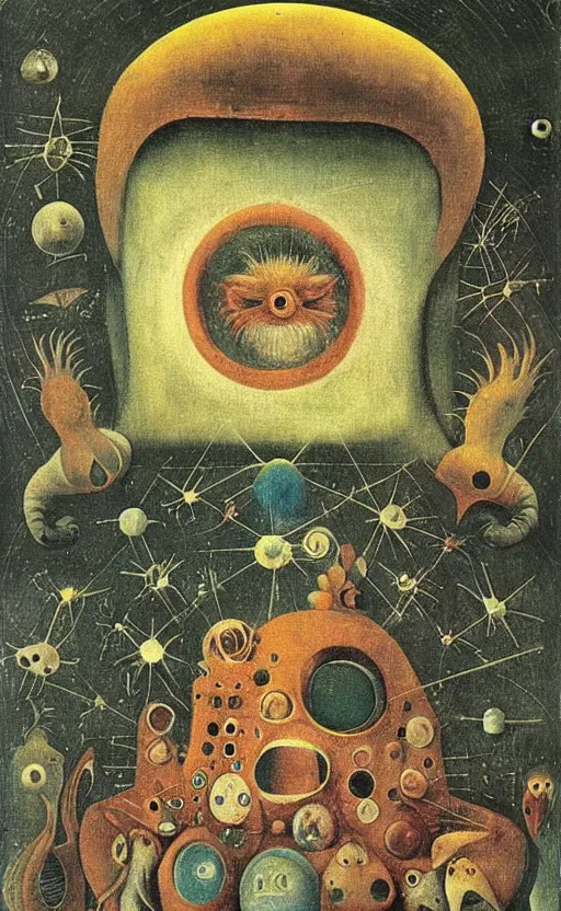 Image similar to a new small cute creature from space cosmic multiple eyes a bit weird cosmic with an intriguing wonderful machine beside him, tarot card, beautiful frames, Leonora Carrington moebius Hieronymus Bosch Max Ernst dali Zdzisaw Beksiñski Roland Topor Henryk Plociennik