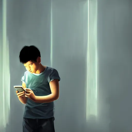 Prompt: beautiful!!!!!! digital painting of a short asian teenager with short hair playing on his phone in a dark dimly - lit room, global illumination!!!!!!! stunning digital painting, top digital painting, expressive character design, 4 k quality, highly detailed, smooth, sharp focus, clear trending on artstation,