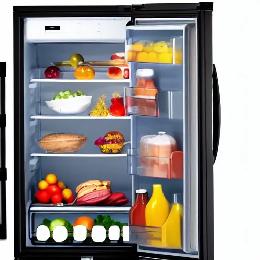 Prompt: a fridge ajar door on a dark room, full of food, black backround, 4 k