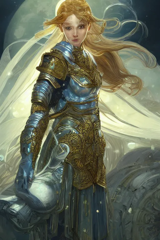 Image similar to portrait knights of Zodiac girl, white color reflected armor, in ruined Agora of Athens moon night and firefly and star sparkles, ssci-fi, fantasy, intricate, very very beautiful, elegant, golden light, highly detailed, digital painting, artstation, concept art, smooth, sharp focus, illustration, art by tian zi and WLOP and alphonse mucha