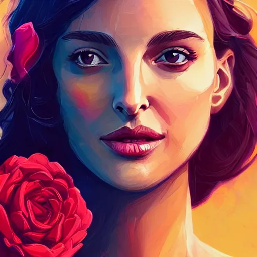 Image similar to beautiful charming goddess of sunshine and roses, inspired by natalie portman and stephanie beatriz, character art portrait, deviantart artstation, by alena aenami, by michael whelan, behance hd, bokeh