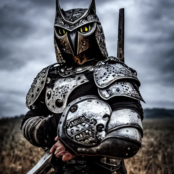 Image similar to photo of a warrior with metal owl theme armour, 4 k, hdr, smooth, sharp focus, high resolution, award - winning photo