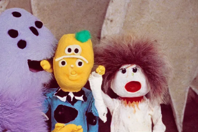Prompt: a color still from a weird 1972 kids tv show where a sad cheese puppet and a furry ghost have a tickle party with death tent, grunge, horror, distressed, wet