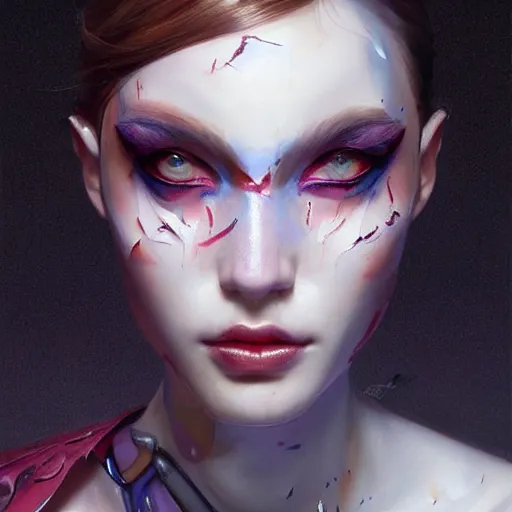 Image similar to A masterpiece portrait of a Incredibly beautiful half slightly damaged robot girl Combat makeup. Vogue. trending on artstation, digital art, by Stanley Artgerm Lau, WLOP, Rossdraws, James Jean, Andrei Riabovitchev, Marc Simonetti, Yoshitaka Amano