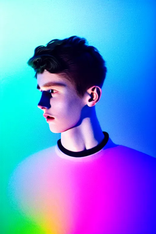 Image similar to high quality pastel coloured film mid angle selfie photograph of a beautiful young 2 0 year old male, soft features, black hair, wearing reflective padded clothing standing in an icelandic black rock environment. atmospheric. three point light. photographic. art directed. ( pastel colours ). volumetric light. sheen. waves glitch. 8 k. filmic.