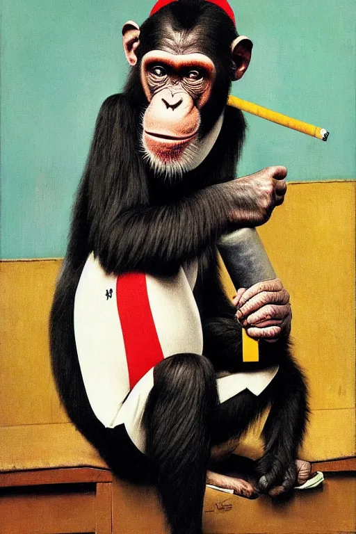 Image similar to a chimp in a clown suit smoking a cigarette, painted by Norman Rockwell