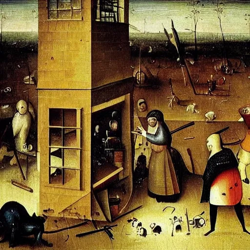 Image similar to inside a waffle makers house, angry, painting by hieronymus bosch,