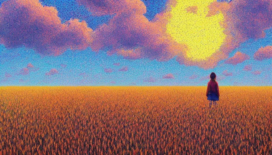 Image similar to girl with flower face in empty wheat field, surreal photography, colorful clouds, tree, impressionist painting, colorful clouds, digital painting, pointillism, sunset, artstation, simon stalenhag