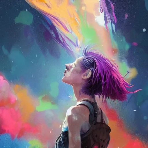 Prompt: nebula woman, rainbow hair, soft eyes and narrow chin, dainty figure, long hair straight down, torn overalls, short shorts, combat boots, wet tshirt, raining, basic white background, side boob, symmetrical, single person, style of by Jordan Grimmer and greg rutkowski, crisp lines and color,