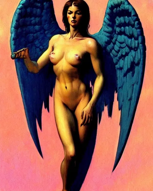 Image similar to portrait of frail and pale female peace angel full - body, beautiful! scenery art!! coherent! by frank frazetta, by brom, strong line, vivid neon color, artstation / pixiv!! elegantly armored angel portrait full - body