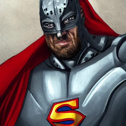 Image similar to gregor clegane as superman, artstation hall of fame gallery, editors choice, #1 digital painting of all time, most beautiful image ever created, emotionally evocative, greatest art ever made, lifetime achievement magnum opus masterpiece, the most amazing breathtaking image with the deepest message ever painted, a thing of beauty beyond imagination or words, 4k, highly detailed, cinematic lighting