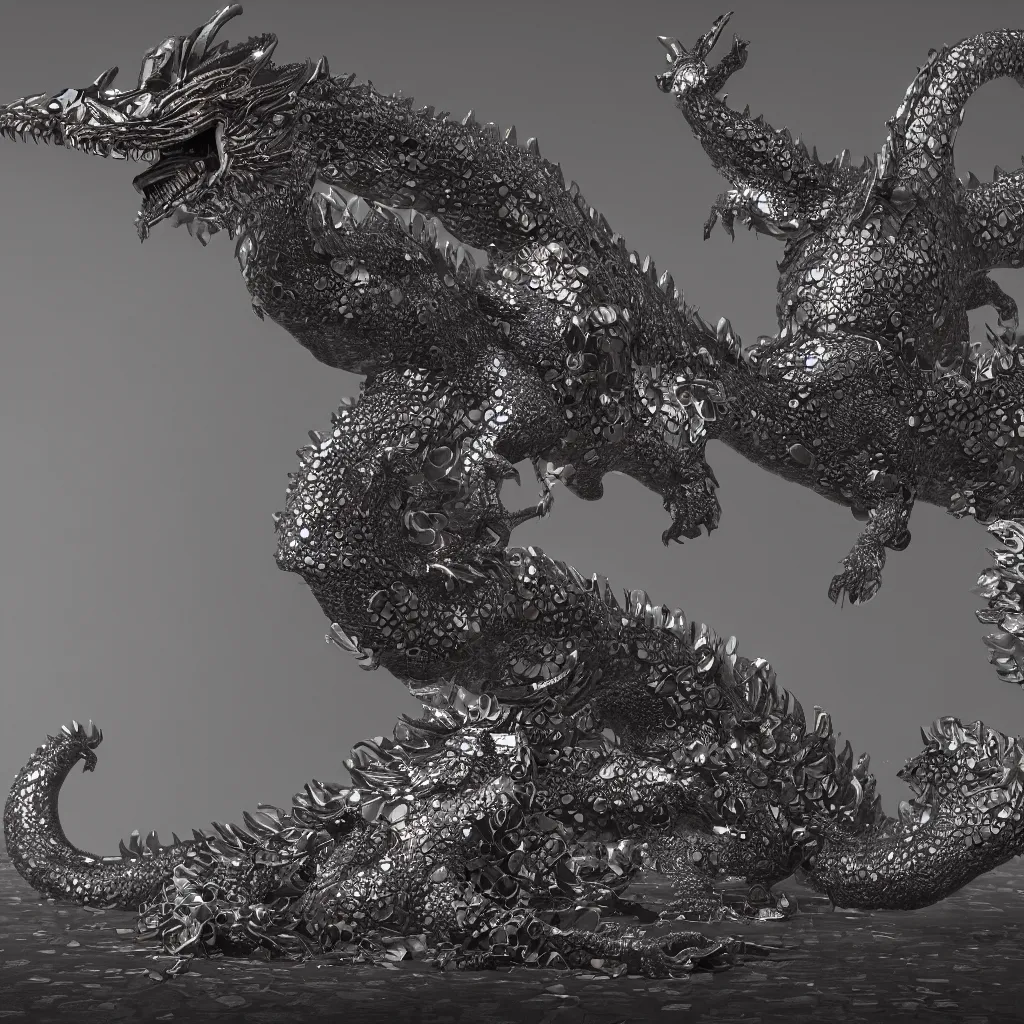 Prompt: dragon with big sequins and engraved on obsidian, art staton, octane render, 4 k, 8 k, colony, man standing