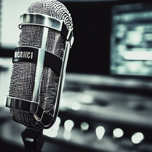 Image similar to close up microphone photograph, studio in the background