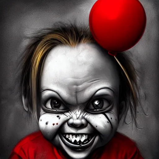 Image similar to surrealism grunge cartoon portrait sketch of chucky with a wide smile and a red balloon by - michael karcz, loony toons style, my little pony style, horror theme, detailed, elegant, intricate
