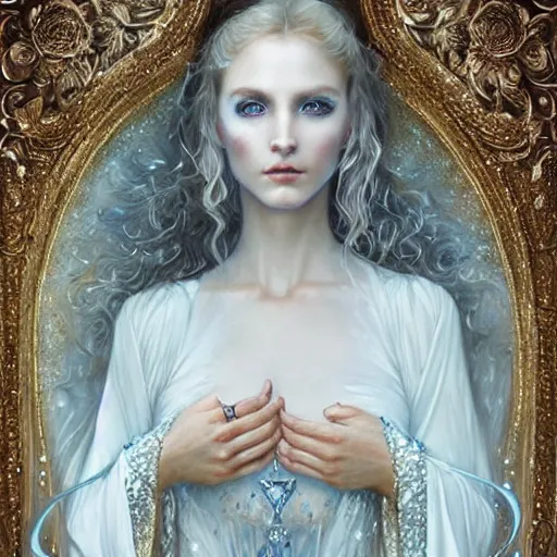 Image similar to a beautiful woman wearing a white dress made of silver with jewelry and diamonds by karol bak, ayami kojima, arabian blue eyes, concept art, fantasy