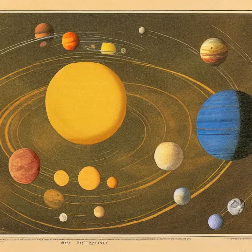 Image similar to color poster of the solar system ; 9 planets and the sun by adolphe millot