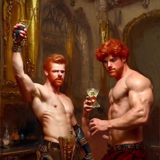 Image similar to attractive muscular mike with ginger hair with muscular attractive tyler with brunet hair, drinking their hearts out, in their noble mansion. very defined and highly detailed painting by gaston bussiere, craig mullins, j. c. leyendecker 8 k