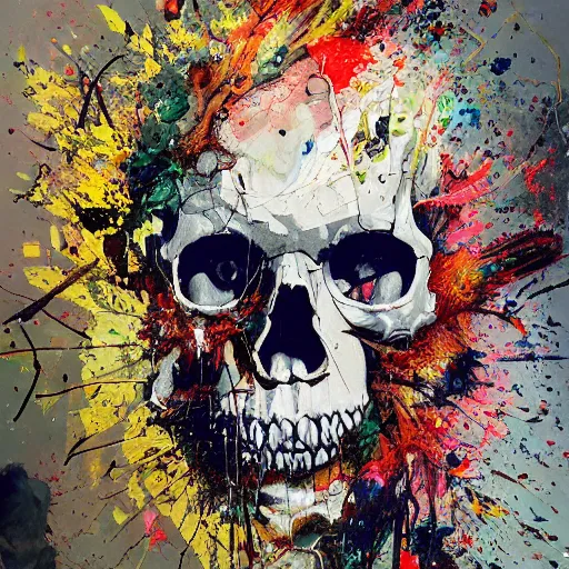 Prompt: a splattered action painting by jackson pollock showing a skull, ultradetailed, fine art painting, peter mohrbacher, moebius, male portrait facing right, frottage, watercolor, acrylic, multilayered paint, spectacular splatter explosion, psychedelic art