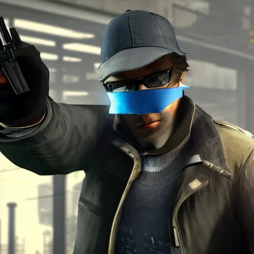 Image similar to aiden pearce from Watch Dogs pointing a gun directly to the camera mad eyes