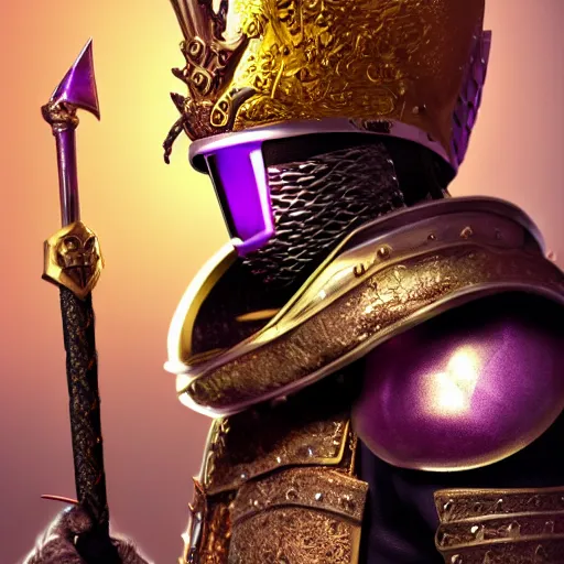 Image similar to a highly detailed knight with glowing purple eyes in a golden helmet and a golden crown with a diamond in the center, golden armor, leather clothes under the armor, leather gloves, holds a black sword, artstation, DeviantArt, professional, octane render, sunset lighting