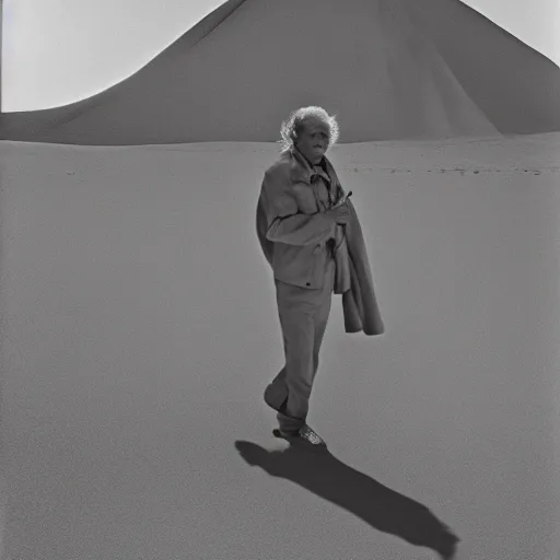 Prompt: Nicanor Parra walking through the desert in Dune like clothing, full figure shot, wide angle, black and white graphite drawing