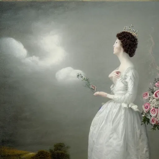 Image similar to meredit frampton a queen with a white large magnificent more and more vaporous ,wrapped ,hight decorated,detailed ,white roses cotton dress shooting surrounded by a bouquet of abstract white flowers and clouds during lightning storm ,surrealism 8k