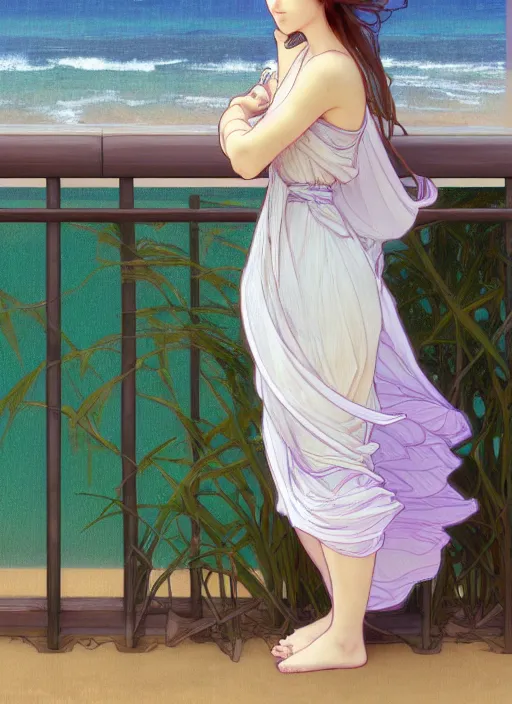 Image similar to pretty young woman leaning against the railing at the beach, path traced, highly detailed, high quality, digital painting, by studio ghibli and alphonse mucha, leesha hannigan, makoto shinkai, disney