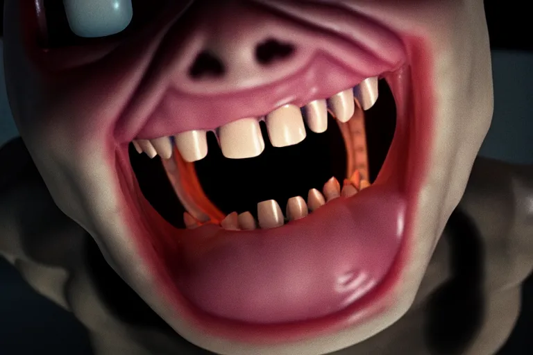 Prompt: A vile creature in the dark is illuminated by a flashlight, scary scene, top horrible creature, horrible, horrors filmed on camera, teeth fangs and drool, jaw and tongue, man is terrified, fear, scream, terror, darkness, basement, 8k, hyper-realistic, ray tracing, night, flashlight