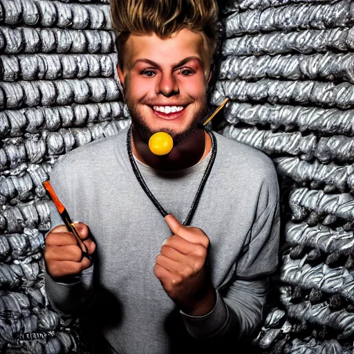 Prompt: Yung Gravy at a licorice factory, promotional photo, photorealistic, artificial lighting, detailed!, 8k