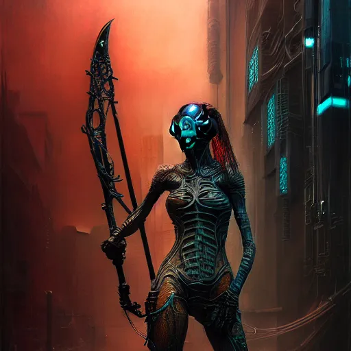 Prompt: a highly detailed long shot photo of cyberpunk female character by ayami kojima, elf, beksinski, giger, elf, wielding scythe, intricate, digital painting, artstation, concept art, smooth, sharp focus