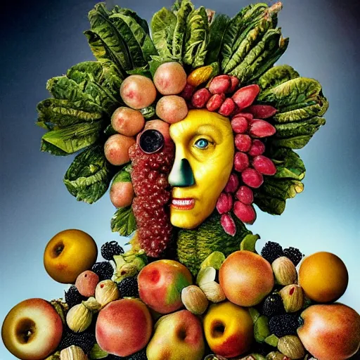 Image similar to giuseppe arcimboldo, beautiful fruit face, new scifi movie, film still