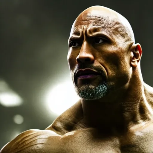 Prompt: a still portrait dwayne johnson as a bald green all over incredible hulk looking at the camera, cinematic, shallow depth of field