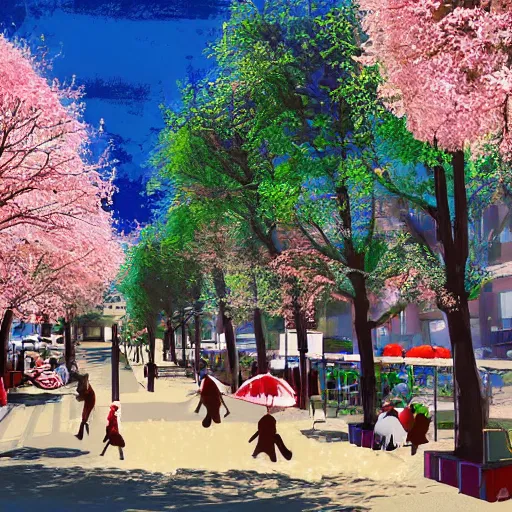 Image similar to a street in södermalm with a cafe, cherry trees and children playing, digital art