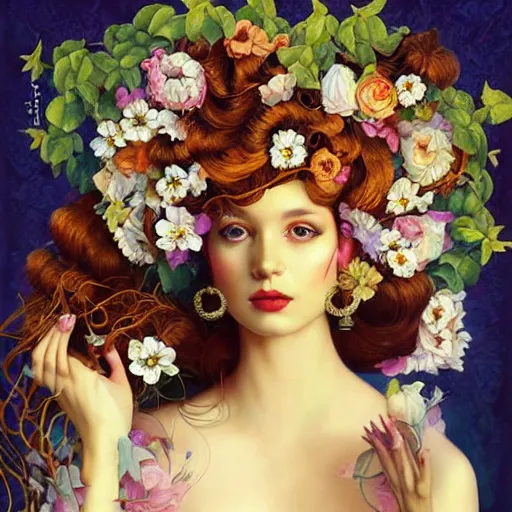 Image similar to dynamic composition, a painting of woman with hair of ( summer flowers )!! and vines wearing ornate earrings, ornate gilded details, a surrealist painting by tom bagshaw and jacek yerga and tamara de lempicka and jesse king, featured on cgsociety, pop surrealism, surrealist, dramatic lighting, wiccan, pre - raphaelite