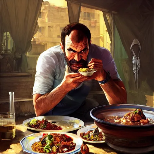 Image similar to trevor philips eating moroccan tagine, highly detailed, digital painting, artstation, concept art, smooth, sharp focus, illustration, art by artgerm and greg rutkowski and alphonse mucha