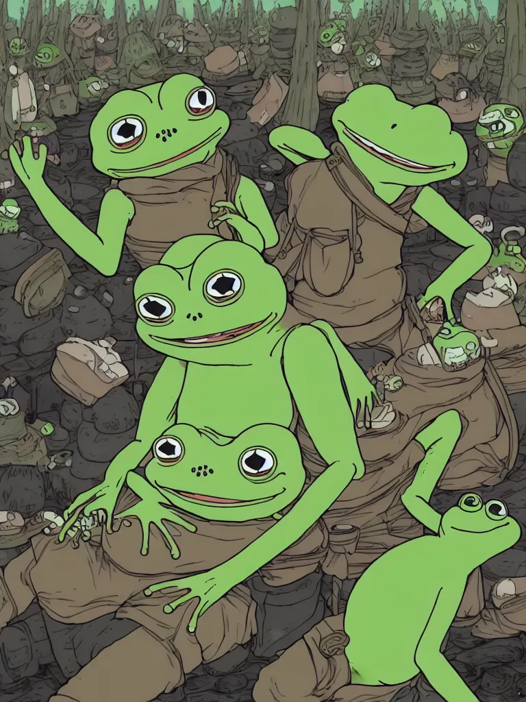 Prompt: resolution 4k the world is ending happiness in the smile of pepe the frog happiness of gods empire worlds of Akihito Tsukushi made in abyss design dark forest ivory dream like storybooks and rhyes wandering army of pepe the frog pepe the frog with family and friends in military uniforms happy eating the flesh of other frogs gore blood unrelenting suffering wholesome soft and warm primordial the value of despair uncertainty loss of the world and the death of love, pepe the frog , art in the style of Tony DiTerlizzi , Francisco de Goya and Akihito Tsukushi and Arnold Lobel