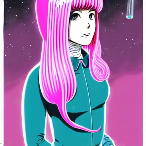 Image similar to realistic dark retro pulp sci - fi colored manga illustration of princess bubblegum by junji ito, with pink hair made of bubblegum, confident scientist performing experiments in her lab