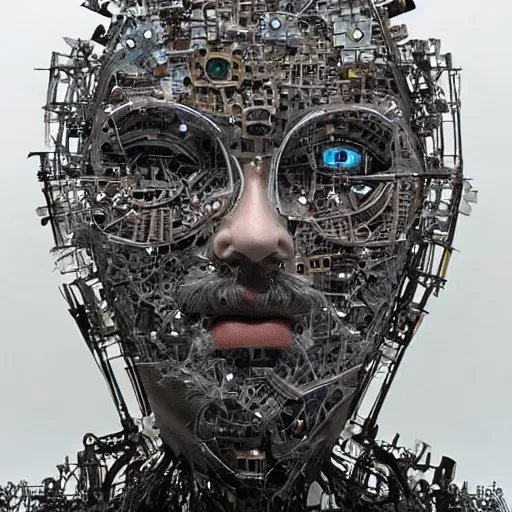 Image similar to artificial intelligence face being built piece by piece, epic, breathtaking, intricate details, in the style of salvador dali