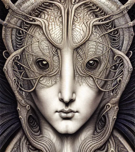 Image similar to detailed realistic beautiful fish goddess face portrait by jean delville, gustave dore, iris van herpen and marco mazzoni, art forms of nature by ernst haeckel, art nouveau, symbolist, visionary, gothic, neo - gothic, pre - raphaelite, fractal lace, intricate alien botanicals, ai biodiversity, surreality, hyperdetailed ultrasharp octane render