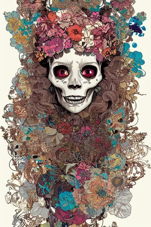 Image similar to beautiful skull cyborg portrait girl female illustration detailed patterns art of thai traditional dress, flowers pop art, floral splash painting, art by geof darrow, ashley wood, alphonse mucha, makoto shinkai