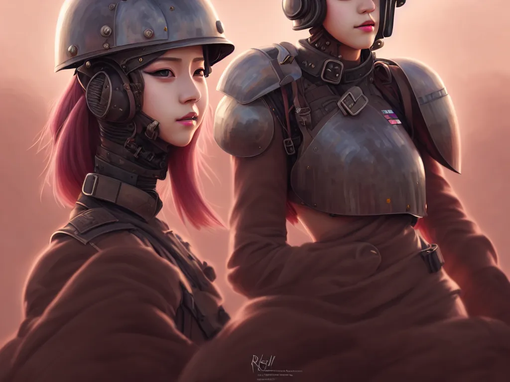 Image similar to portrait blackpink jisoo of dieselpunk soldier girl, helmet, stormy desert background, armored, highly detailed, digital painting, face detail, sharp focus, art, illustrations by loish and ayanamikodon and irakli nadar and rossdraws and wlop