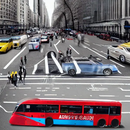 Prompt: a typical london bus colliding with a gigantic nike airmax 9 0 shoe in the 5 th avenue, new york, realistic, by origiful, 4 k