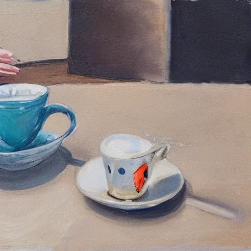 Image similar to a real fish is drinking from a cup of tea, photorealism