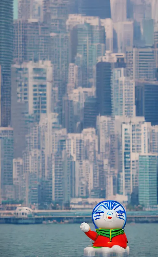 Prompt: a < 3 d plastic doraemon > melting in the heat outdoors, shanghai in the background, heat wave, fierce sunlight, digital art, high definition photo, 8 k